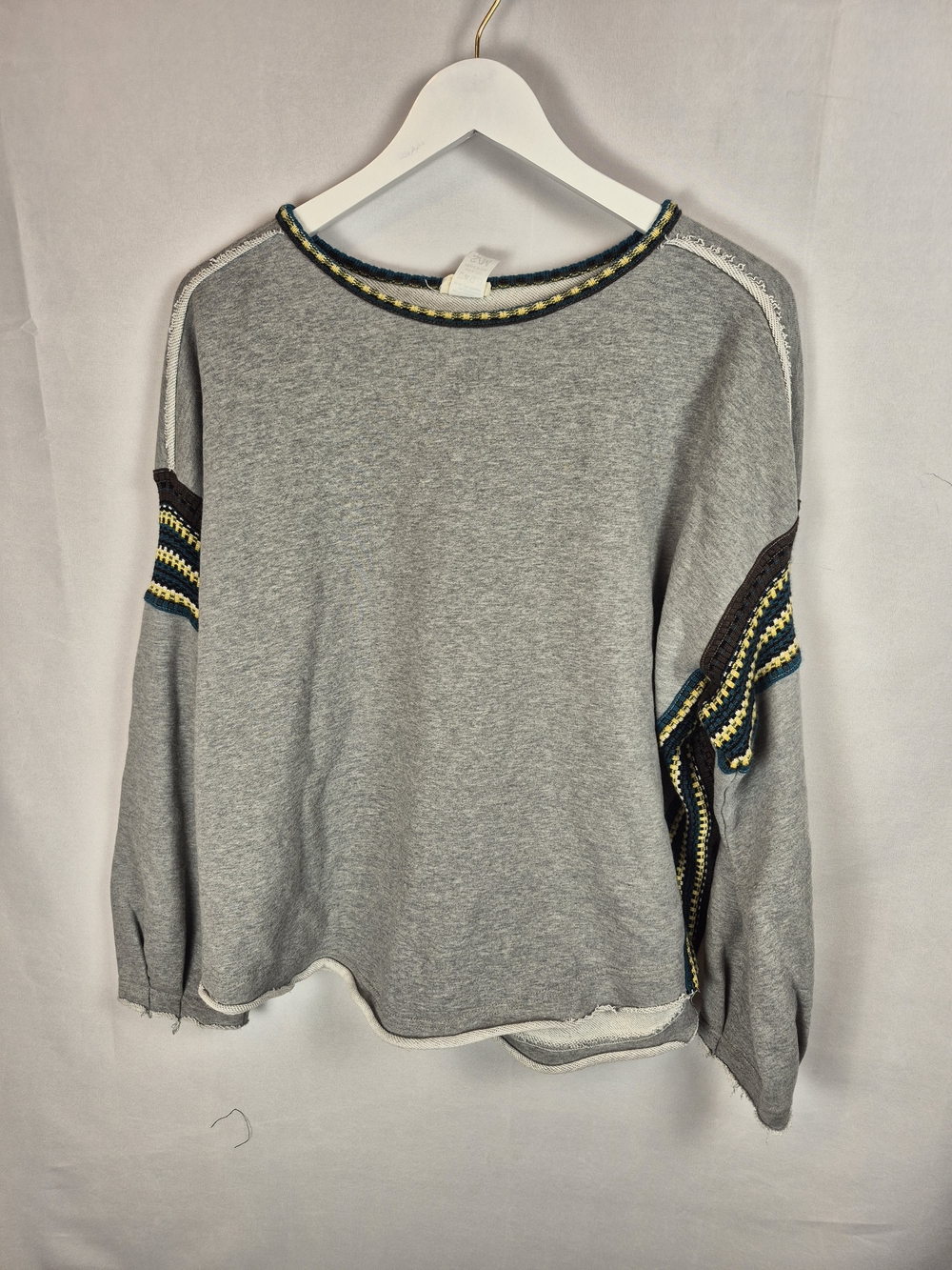 NATURAL LIFE Grey Crewneck Sweater with Navy and Yellow Trim Size S/m